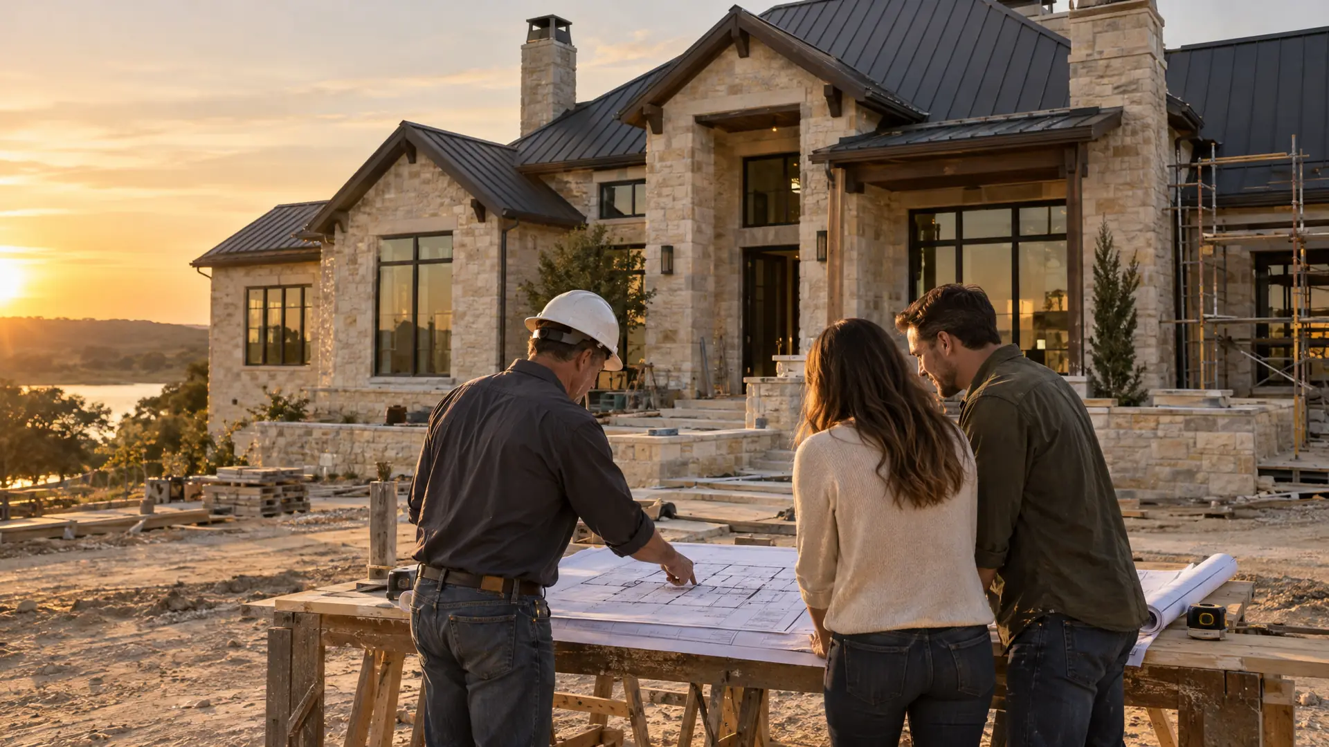 General contractor reviewing architectural plans with homeowners in front of a luxury stone home under construction