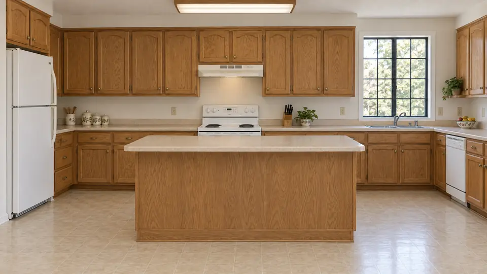 Dated kitchen before remodeling with oak cabinets, laminate counters and white appliances