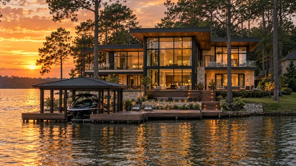 Modern luxury lakefront home with glass walls, decks and private boat dock at sunset