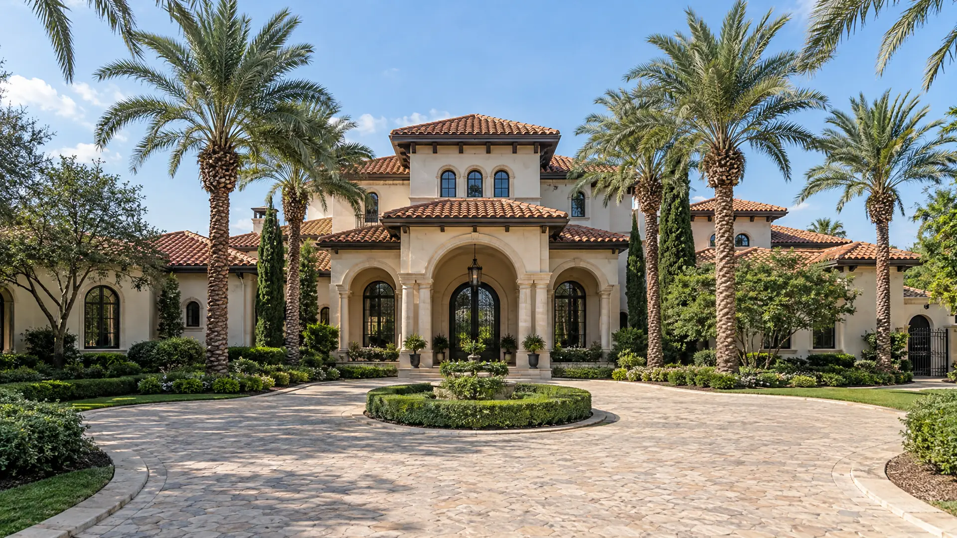 Mediterranean-style luxury estate with clay tile roof, arched limestone loggia and palms