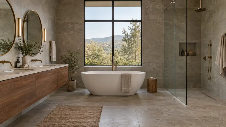 Spa-style primary bathroom with freestanding tub, large-format stone tile and frameless glass shower