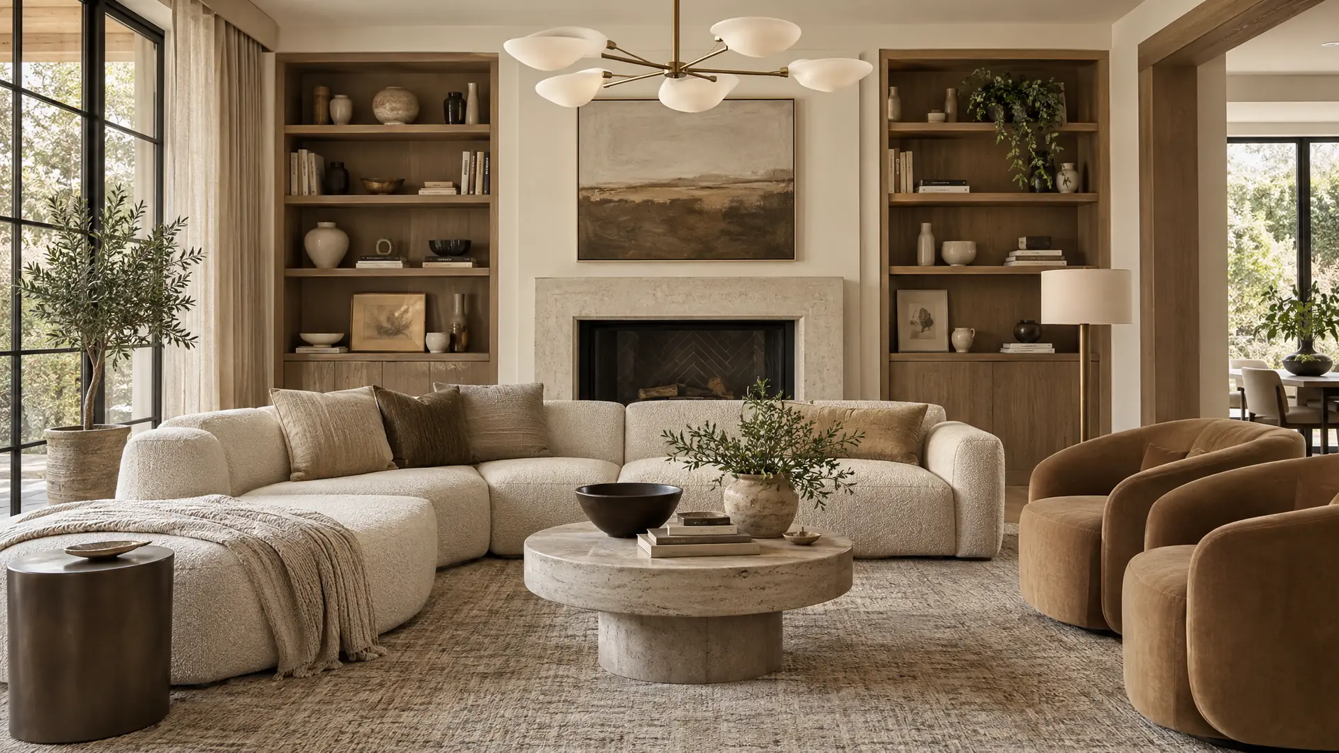 Designer living room with warm neutral palette, sculptural chandelier and styled built-in shelving
