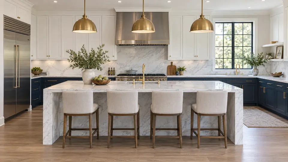 Luxury chef’s kitchen remodel with marble waterfall island, navy and white cabinetry and brass pendants