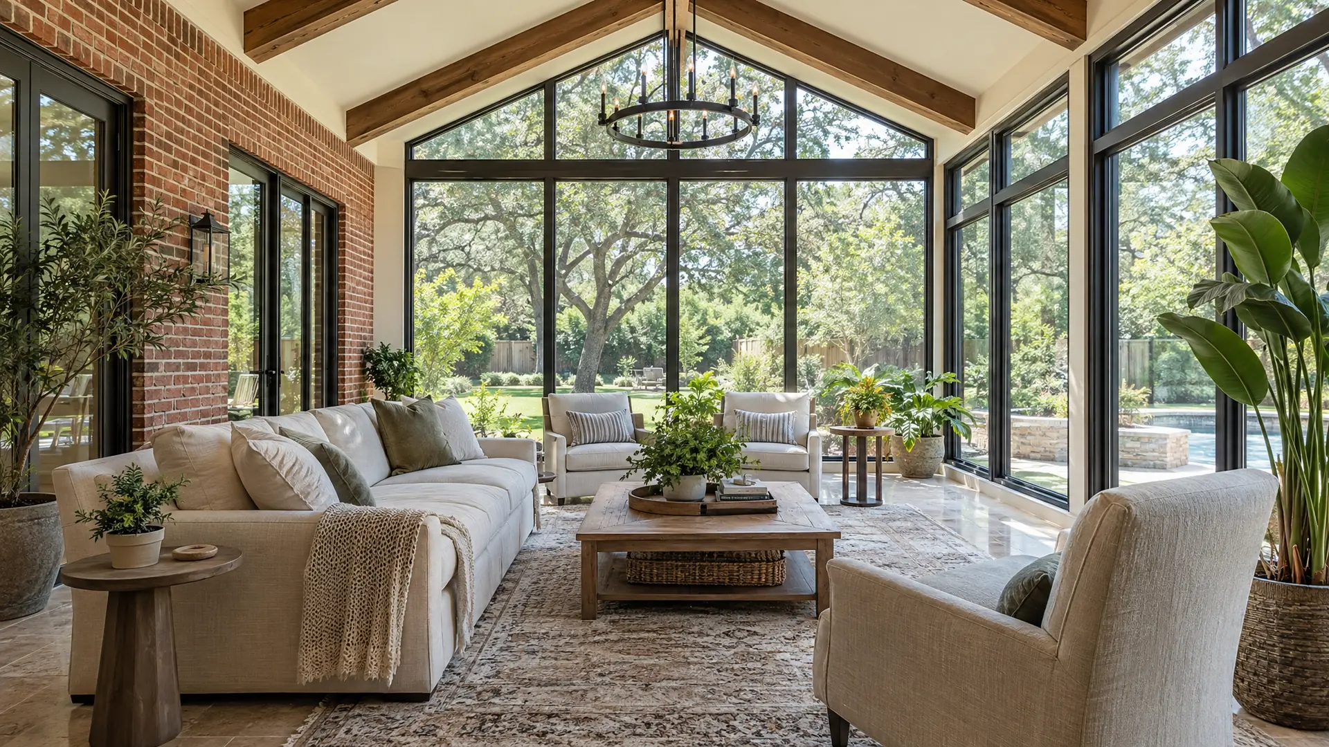 Sunroom family-room addition with vaulted wood-beam ceiling and walls of windows on a brick Texas home